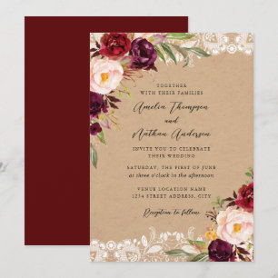 Convites Casamento Floral de Renda Rústica Borgonha