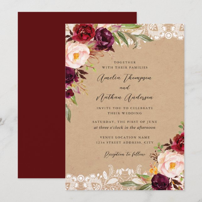 Convites Casamento Floral de Renda Rústica Borgonha (Frente/Verso)