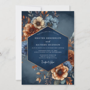 Convites Casamento Floral de Romance Outonal Azul-Marinho