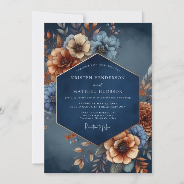 Convites Casamento Floral de Romance Outonal Azul-Marinho (Frente)