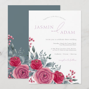 Convites Casamento Floral de Rosa Azul Elegante e Empolvilh