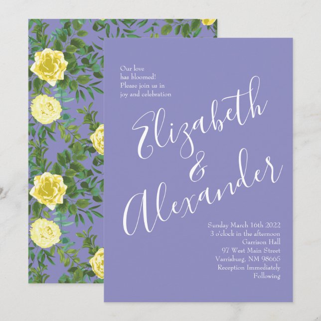 Convites Casamento Floral de Rosa Azul Periwinkle e Amarelo (Frente/Verso)