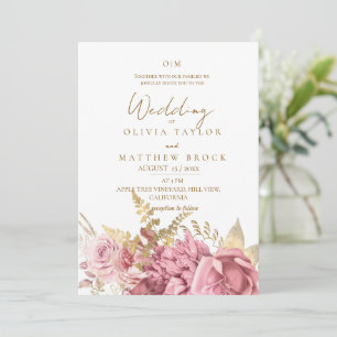 Convites Casamento Floral de Rosa Bege Elegante a Ouro
