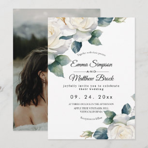 Convites Casamento Floral de Rosa Branca Elegante & Beleza 