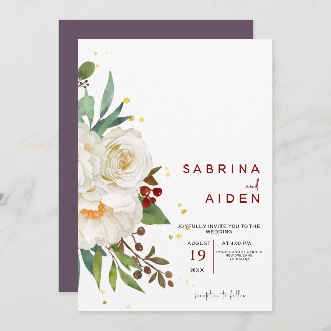 Convites Casamento Floral de Rosa Branca Natural Elegante (Frente/Verso)