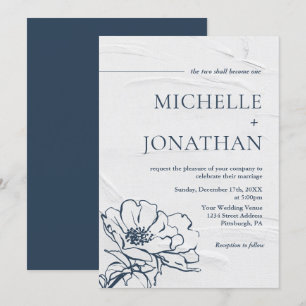 Convites Casamento Floral de Rosa com Desenho Mão Azul da 