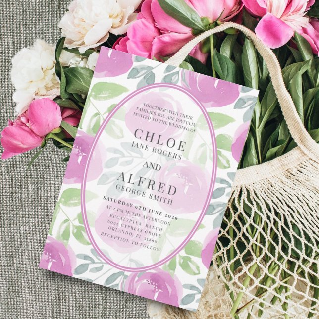 Convites Casamento Floral de Rosa de Aquarela Rosa Moderna (Criador carregado)