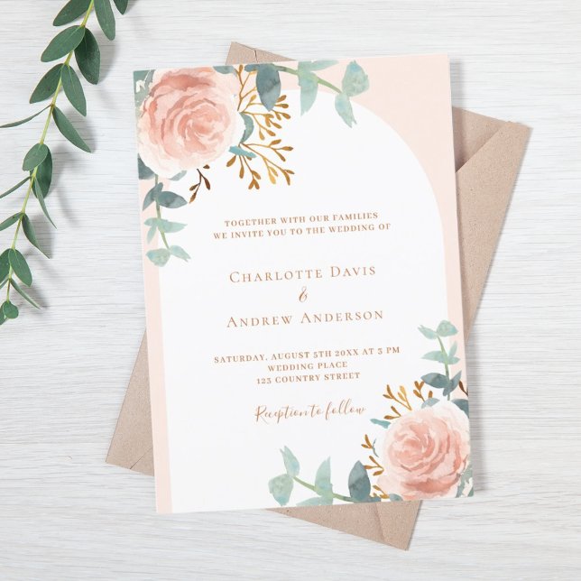 Convites Casamento floral de rosa de arco de ouro verde de  (Criador carregado)