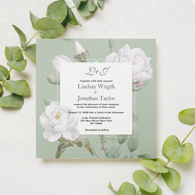 Convites Casamento floral de rosa de horta branca Elegante (Elegant boho white mint green rose floral Wedding Invitation )