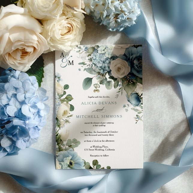 Convites Casamento Floral de Rosa de Ivory Hydrangea Blue E (Elegant Blue Hydrangea Ivory Rose Floral Wedding Invitation)