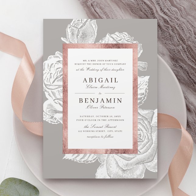 Convites Casamento floral de rosa de luxo (Luxe rose gold vintage botanical floral wedding invitation)