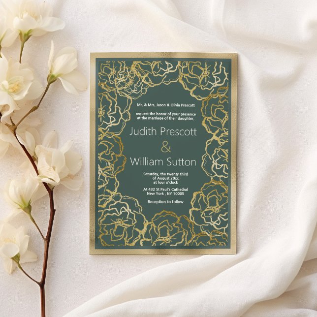 Convites Casamento floral de rosa de ouro verde empoeirado  (Romantic dusty green gold rose floral Wedding )