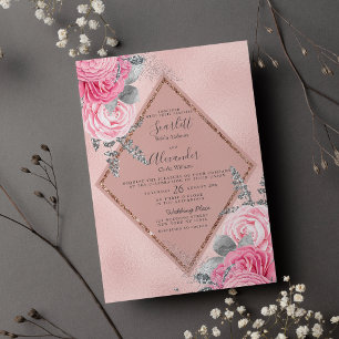 Convites Casamento floral de rosa de prata cor-de-rosa geom