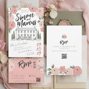 Convites Casamento Floral de Rosa de Villa Dusty com Mão Ún