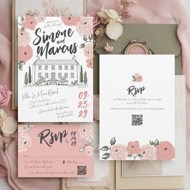 Convites Casamento Floral de Rosa de Villa Dusty com Mão Ún (Whimsical pink sage green floral unique hand drawn handwritten illustrated villa wedding invitation)