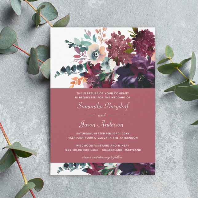 Convites Casamento Floral de Rosa de Vinho Luxurioso (Available in both printed and instant download digital formats.)