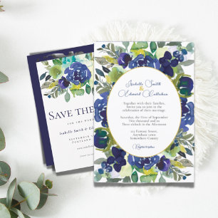 Convites Casamento Floral de Rosa em Aquarela Azul Marinho