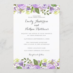 Convites Casamento Floral de Rosa em Aquarela Roxa Elegante