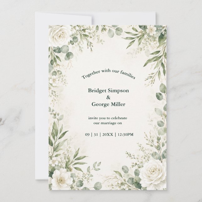Convites Casamento Floral de Rosa Eucalipto Romântico (Frente)
