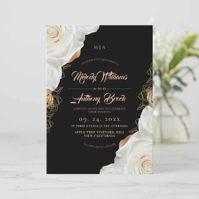 Convites Casamento Floral de Rosa Preta e Branca Moderna (Em pé/Frente)