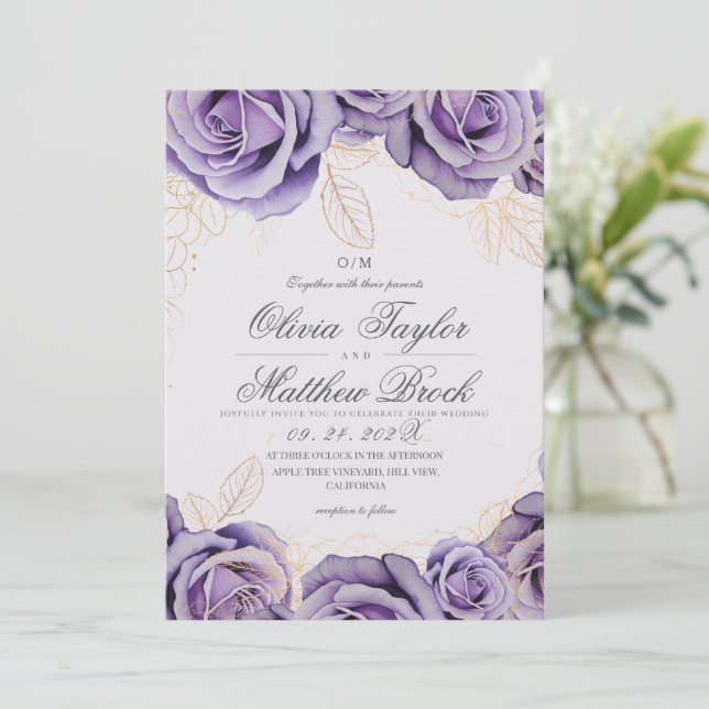 Convites Casamento Floral de Rosa Roxa Elegante e Moderno (Em pé/Frente)