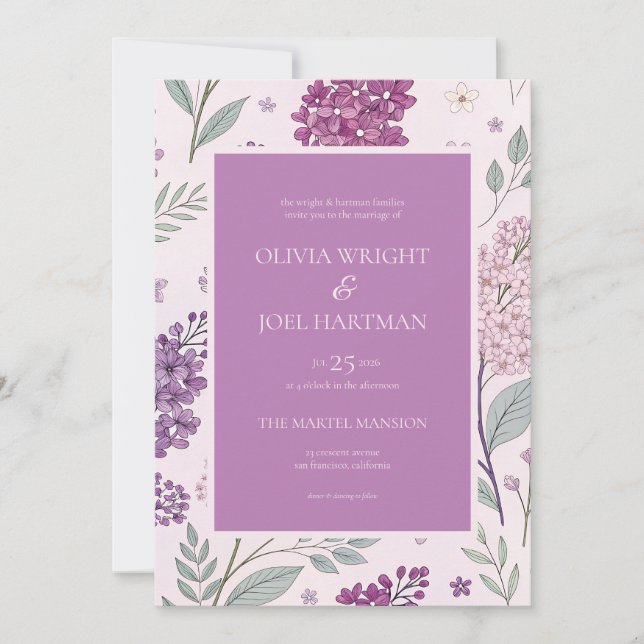 Convites Casamento Floral de Rosa Suave e Lilás Roxo  (Frente)