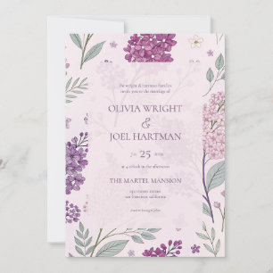 Convites Casamento Floral de Rosa Suave e Lilás Roxo