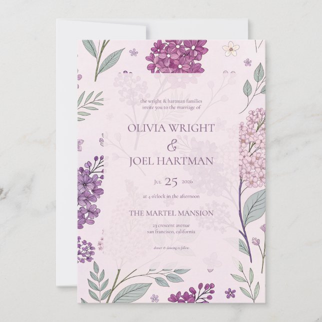 Convites Casamento Floral de Rosa Suave e Lilás Roxo  (Frente)