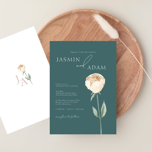 Convites Casamento Floral de Rosa Verde Esmeralda Simples e (Simple Elegant Emerald Green Rose Floral Wedding Invitation)