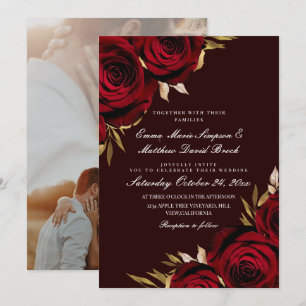 Convites Casamento Floral de Rosa Vermelha e Dourada Românt