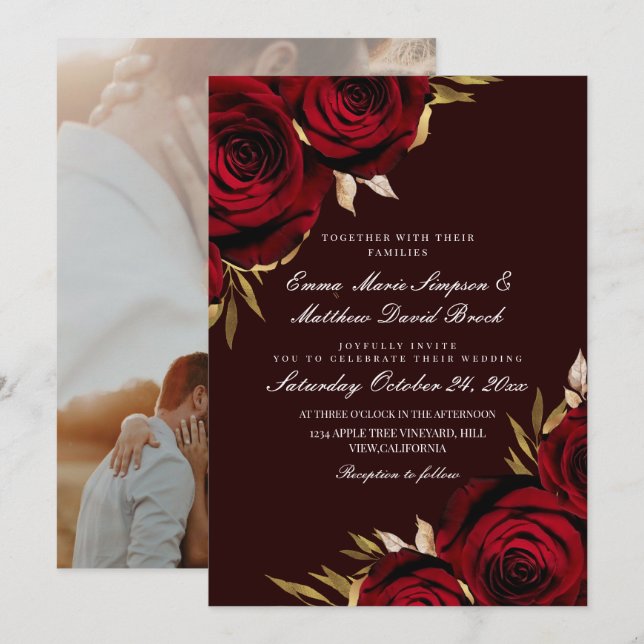 Convites Casamento Floral de Rosa Vermelha e Dourada Românt (Frente/Verso)