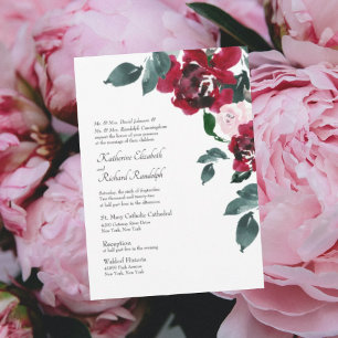 Convites Casamento Floral de Rosa Vermelha e Rosa Elegante 