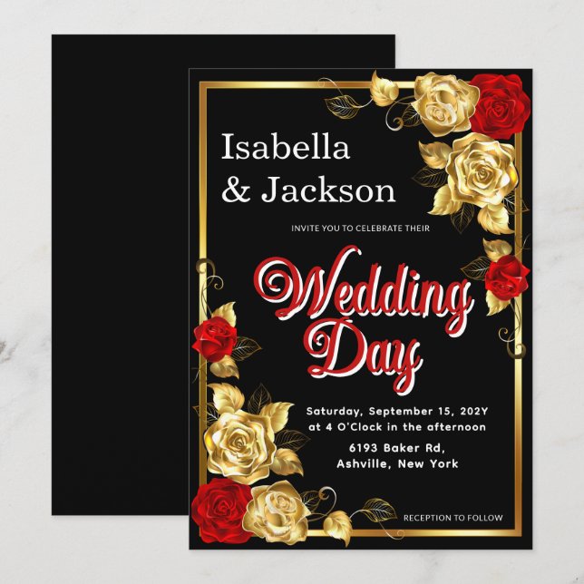 Convites Casamento Floral De Rosa Vermelho E Dourado (Frente/Verso)