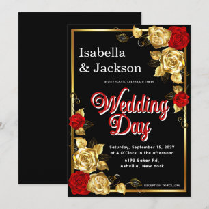 Convites Casamento Floral De Rosa Vermelho E Dourado