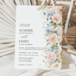 Convites Casamento Floral de Rosas Azuis Brancos Blush Chic