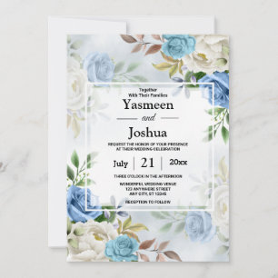 Convites Casamento Floral de Rosas Azuis e Brancas Elegante