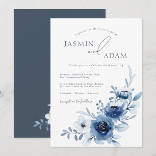 Convites Casamento Floral de Rosas Azuis Elegantes