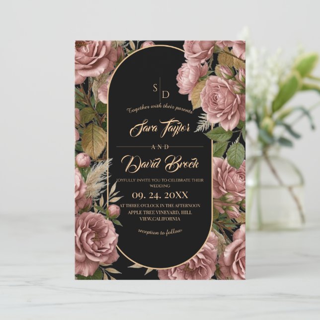 Convites Casamento Floral de Rosas Boho Dusty (Em pé/Frente)