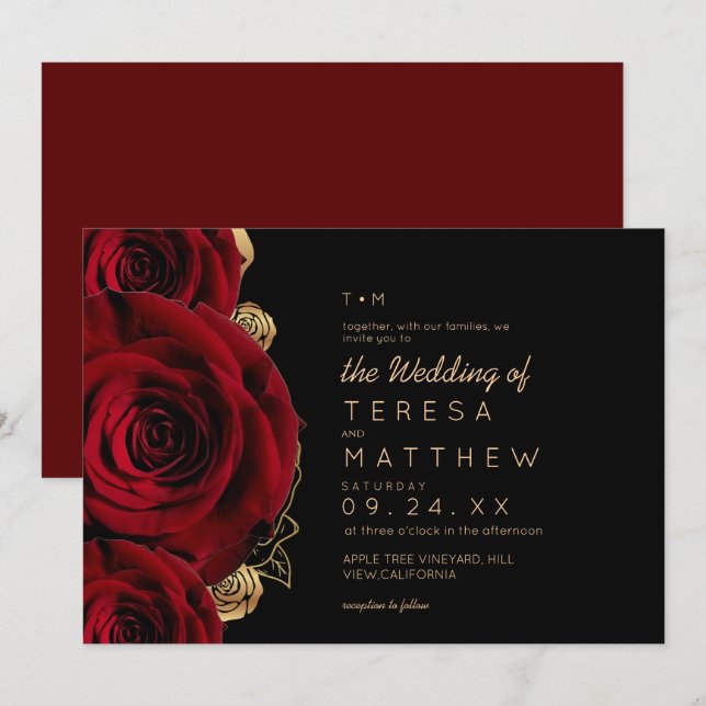 Convites Casamento Floral de Rosas Borgonha Modernas (Frente/Verso)