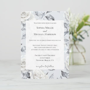 Convites Casamento Floral de Rosas Brancas de Prata Chic