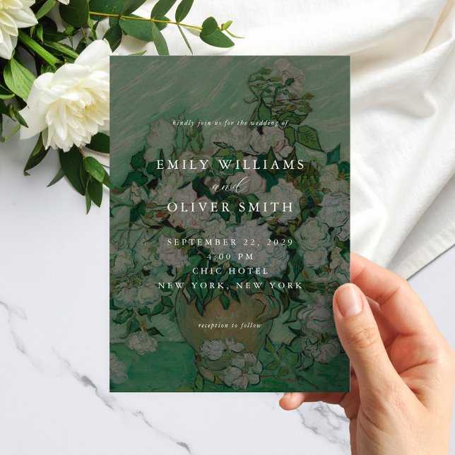 Convites Casamento Floral de Rosas Brancas de Van Gogh (Criador carregado)
