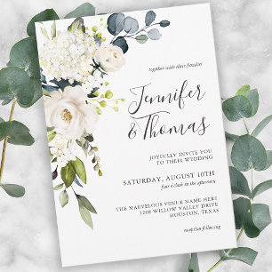Convites Casamento Floral de Rosas Brancas e Hortênsias Ele