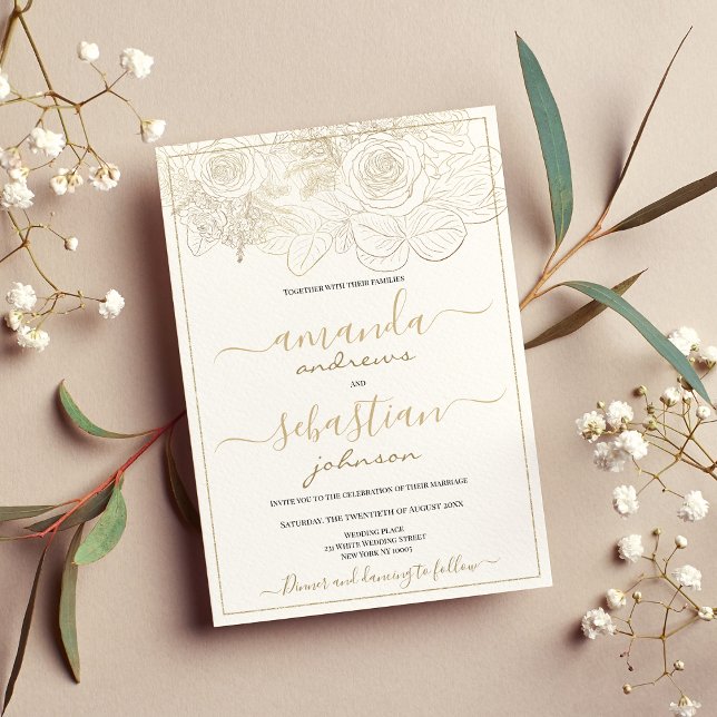 Convites Casamento floral de rosas brancos e de ouro clássi (Classy white and gold roses floral wedding invitation )