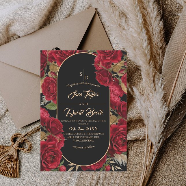 Convites Casamento Floral de Rosas Burgundy Boho Preto (Criador carregado)