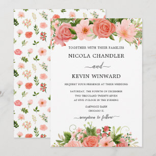 Convites Casamento Floral de Rosas Coral Elegantes