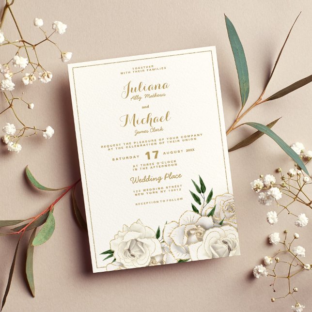 Convites Casamento floral de rosas de ouro branco Elegante (Elegant white gold glitter roses floral Wedding Invitation (Front )