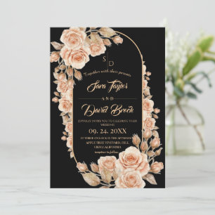 Convites Casamento Floral de Rosas Douradas Boho Preto