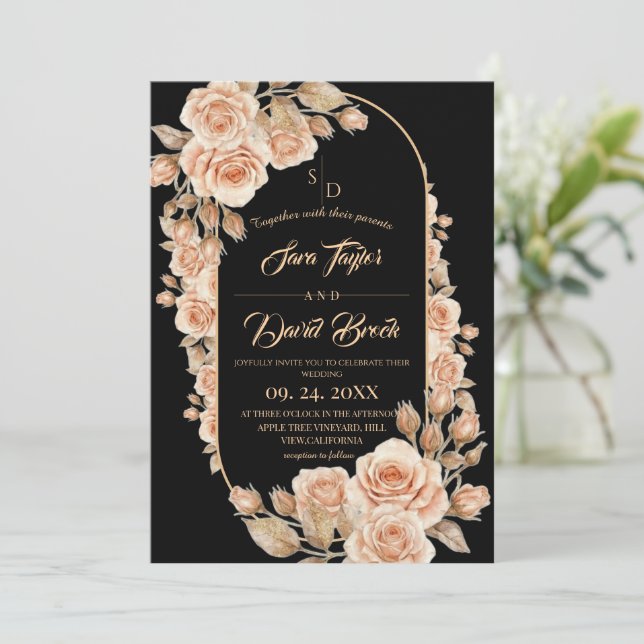 Convites Casamento Floral de Rosas Douradas Boho Preto (Em pé/Frente)