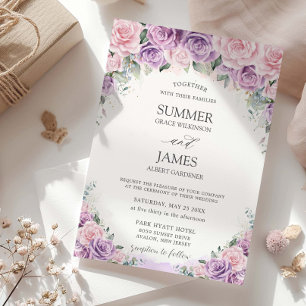 Convites Casamento Floral de Rosas Lilás Rosa Púrpura Elega