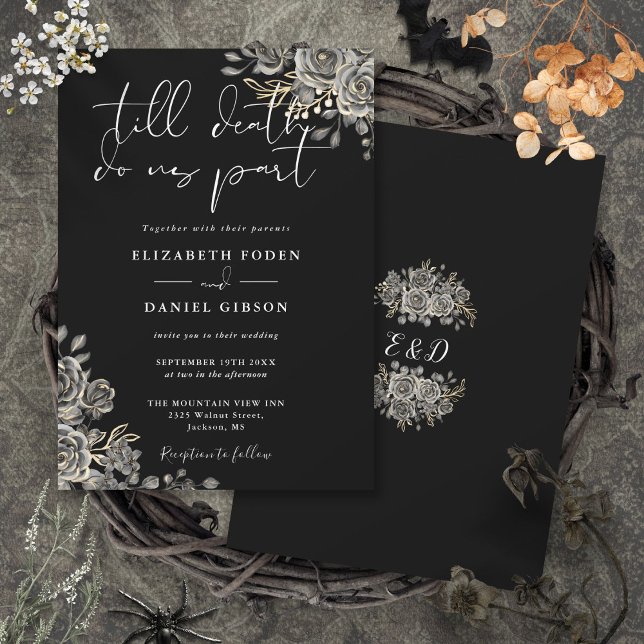 Convites Casamento Floral De Rosas Negras E Brancas Góticas (Gothic Black And White Roses Floral Wedding Invitation)